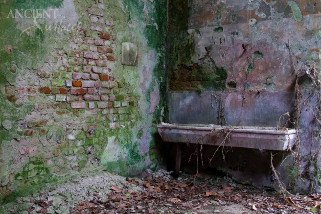An elongated, trough like, vegetable washing and preparation sink seen in a ruined Provence countryside castle from the 16th century.